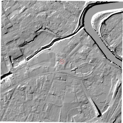 Shaded relief map of the ground around YO84DT, computed from Environment Agency LiDAR. The ground here sits at about 6 m above sea level and falls 10 m across the surrounding 800 m. Surface water reaching this point runs off ground lying to the south-south-east, 1.1 m higher.