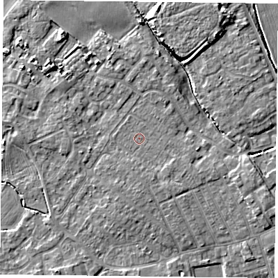 Shaded relief map of the ground around YO84DW, computed from Environment Agency LiDAR. The ground here sits at about 6 m above sea level and falls 7 m across the surrounding 800 m. Surface water reaching this point runs off ground lying to the south-east, 1.0 m higher.