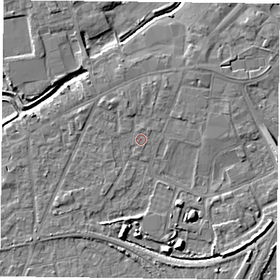 Shaded relief map of the ground around YO84DX, computed from Environment Agency LiDAR. The ground here sits at about 6 m above sea level and falls 9 m across the surrounding 800 m. Surface water reaching this point runs off ground lying to the north-north-west, 1.2 m higher.
