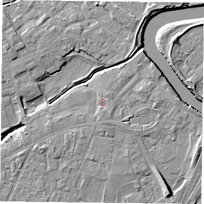 Shaded relief map of the ground around YO84DY, computed from Environment Agency LiDAR. The ground here sits at about 6 m above sea level and falls 10 m across the surrounding 800 m. Surface water reaching this point runs off ground lying to the south-east, 1.3 m higher.