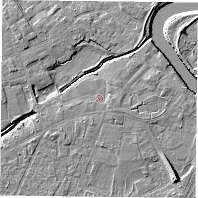 Shaded relief map of the ground around YO84DZ, computed from Environment Agency LiDAR. The ground here sits at about 6 m above sea level and falls 10 m across the surrounding 800 m. Surface water reaching this point runs off ground lying to the east-south-east, 1.3 m higher.