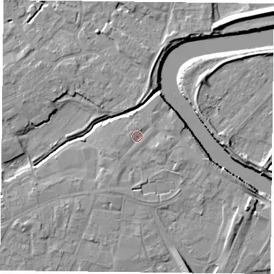 Shaded relief map of the ground around YO84EA, computed from Environment Agency LiDAR. The ground here sits at about 6 m above sea level and falls 9 m across the surrounding 800 m. Surface water reaching this point runs off ground lying to the south-west, 1.1 m higher.
