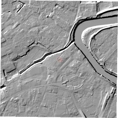 Shaded relief map of the ground around YO84EE, computed from Environment Agency LiDAR. The ground here sits at about 6 m above sea level and falls 8 m across the surrounding 800 m. Surface water reaching this point runs off ground lying to the east-south-east, 0.8 m higher.