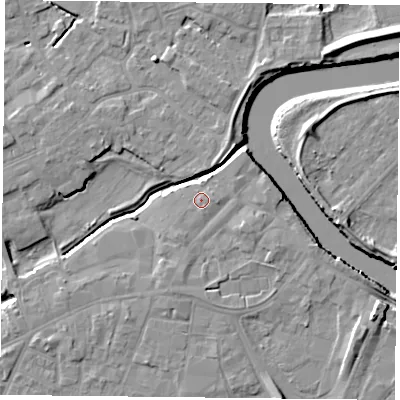 Shaded relief map of the ground around YO84EF, computed from Environment Agency LiDAR. The ground here sits at about 6 m above sea level and falls 8 m across the surrounding 800 m. Surface water reaching this point runs off ground lying to the south-south-east, 0.9 m higher.