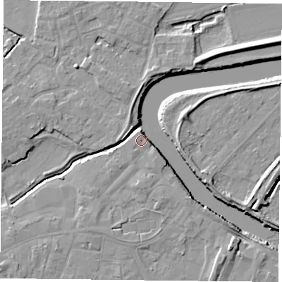 Shaded relief map of the ground around YO84EG, computed from Environment Agency LiDAR. The ground here sits at about 6 m above sea level and falls 8 m across the surrounding 800 m. Surface water reaching this point runs off ground lying to the south-west, 0.8 m higher.