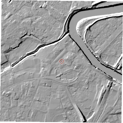 Shaded relief map of the ground around YO84EH, computed from Environment Agency LiDAR. The ground here sits at about 6 m above sea level and falls 10 m across the surrounding 800 m. Surface water reaching this point runs off ground lying to the east-north-east, 1.4 m higher.