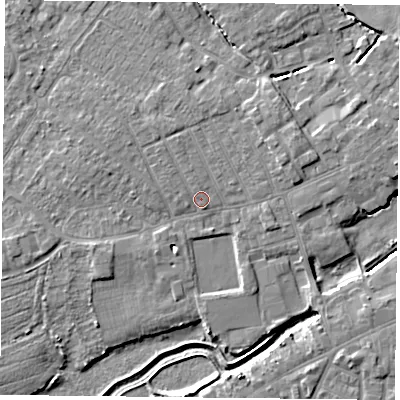 Shaded relief map of the ground around YO84EL, computed from Environment Agency LiDAR. The ground here sits at about 6 m above sea level and falls 5 m across the surrounding 800 m. Surface water reaching this point runs off ground lying to the north-west, 1.2 m higher.