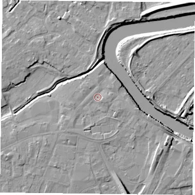Shaded relief map of the ground around YO84EQ, computed from Environment Agency LiDAR. The ground here sits at about 6 m above sea level and falls 10 m across the surrounding 800 m. Surface water reaching this point runs off ground lying to the east, 1.5 m higher.