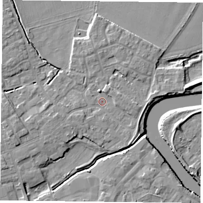 Shaded relief map of the ground around YO84ER, computed from Environment Agency LiDAR. The ground here sits at about 5 m above sea level and falls 7 m across the surrounding 800 m. Surface water reaching this point runs off ground lying to the south-east, 1.9 m higher.