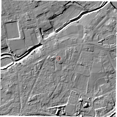 Shaded relief map of the ground around YO84ES, computed from Environment Agency LiDAR. The ground here sits at about 7 m above sea level and falls 9 m across the surrounding 800 m. Surface water reaching this point runs off ground lying to the east, 0.6 m higher.