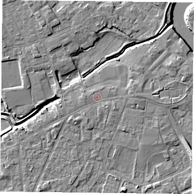 Shaded relief map of the ground around YO84ET, computed from Environment Agency LiDAR. The ground here sits at about 6 m above sea level and falls 9 m across the surrounding 800 m. Surface water reaching this point runs off ground lying to the south-west, 1.2 m higher.