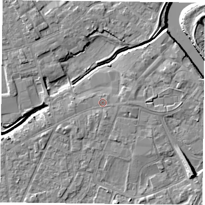 Shaded relief map of the ground around YO84EY, computed from Environment Agency LiDAR. The ground here sits at about 6 m above sea level and falls 10 m across the surrounding 800 m. Surface water reaching this point runs off ground lying to the south-south-east, 1.1 m higher.