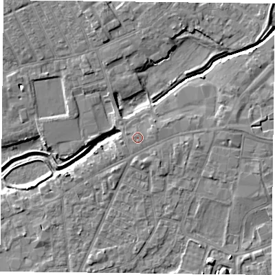 Shaded relief map of the ground around YO84EZ, computed from Environment Agency LiDAR. The ground here sits at about 6 m above sea level and falls 7 m across the surrounding 800 m. The ground contributing surface water to this point lies to the south.