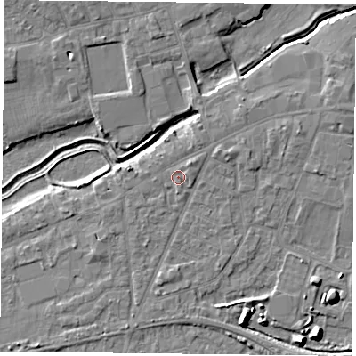 Shaded relief map of the ground around YO84FB, computed from Environment Agency LiDAR. The ground here sits at about 6 m above sea level and falls 9 m across the surrounding 800 m. Surface water reaching this point runs off ground lying to the north-east, 1.3 m higher.