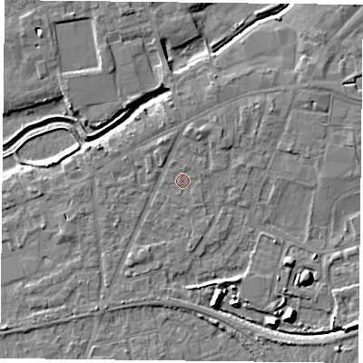 Shaded relief map of the ground around YO84FD, computed from Environment Agency LiDAR. The ground here sits at about 6 m above sea level and falls 9 m across the surrounding 800 m. Surface water reaching this point runs off ground lying to the north-north-east, 0.6 m higher.