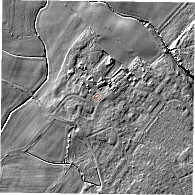 Shaded relief map of the ground around YO84FE, computed from Environment Agency LiDAR. The ground here sits at about 6 m above sea level and falls 7 m across the surrounding 800 m. Surface water reaching this point runs off ground lying to the north-west, 2.4 m higher.