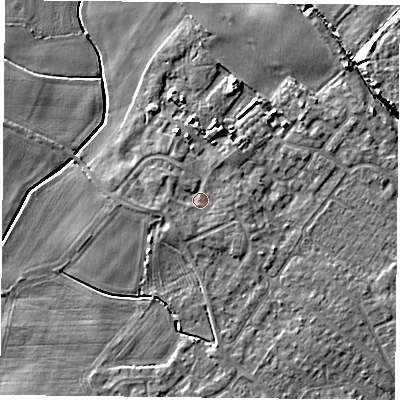 Shaded relief map of the ground around YO84FF, computed from Environment Agency LiDAR. The ground here sits at about 6 m above sea level and falls 7 m across the surrounding 800 m. Surface water reaching this point runs off ground lying to the east, 1.3 m higher.