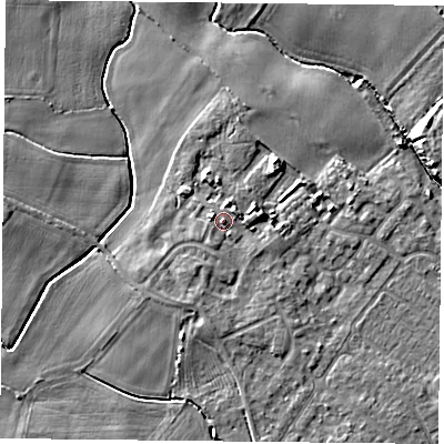 Shaded relief map of the ground around YO84FG, computed from Environment Agency LiDAR. The ground here sits at about 7 m above sea level and falls 7 m across the surrounding 800 m. Surface water reaching this point runs off ground lying to the west-north-west, 2.0 m higher.