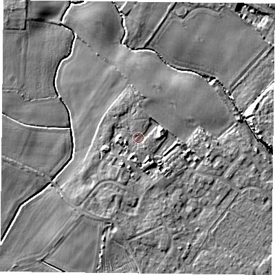 Shaded relief map of the ground around YO84FH, computed from Environment Agency LiDAR. The ground here sits at about 6 m above sea level and falls 7 m across the surrounding 800 m. Surface water reaching this point runs off ground lying to the east-north-east, 2.8 m higher.