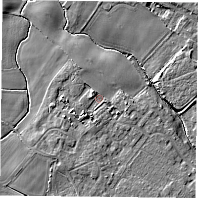 Shaded relief map of the ground around YO84FJ, computed from Environment Agency LiDAR. The ground here sits at about 6 m above sea level and falls 7 m across the surrounding 800 m. Surface water reaching this point runs off ground lying to the west-south-west, 3.2 m higher.