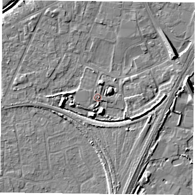 Shaded relief map of the ground around YO84FL, computed from Environment Agency LiDAR. The ground here sits at about 6 m above sea level and falls 9 m across the surrounding 800 m. Surface water reaching this point runs off ground lying to the east-north-east, 7.6 m higher.