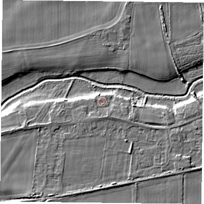 Shaded relief map of the ground around YO84FP, computed from Environment Agency LiDAR. The ground here sits at about 6 m above sea level and falls 6 m across the surrounding 800 m. Surface water reaching this point runs off ground lying to the south-south-east, 1.2 m higher.