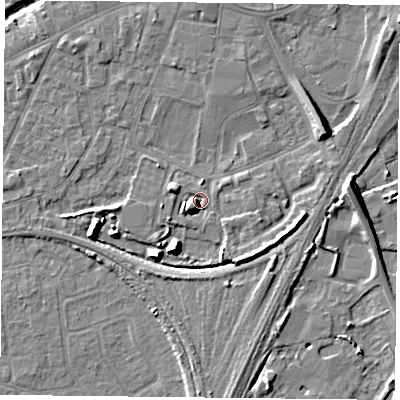 Shaded relief map of the ground around YO84FQ, computed from Environment Agency LiDAR. The ground here sits at about 5 m above sea level and falls 9 m across the surrounding 800 m. Surface water reaching this point runs off ground lying to the east-north-east, 7.6 m higher.