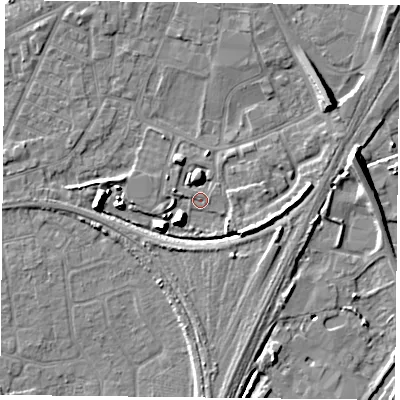Shaded relief map of the ground around YO84FR, computed from Environment Agency LiDAR. The ground here sits at about 6 m above sea level and falls 8 m across the surrounding 800 m. Surface water reaching this point runs off ground lying to the south-west, 7.6 m higher.
