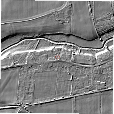 Shaded relief map of the ground around YO84FU, computed from Environment Agency LiDAR. The ground here sits at about 6 m above sea level and falls 6 m across the surrounding 800 m. Surface water reaching this point runs off ground lying to the south-south-east, 1.3 m higher.