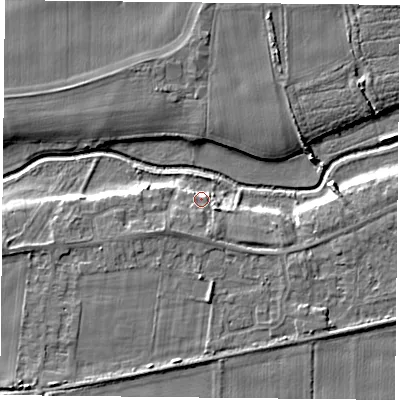 Shaded relief map of the ground around YO84FX, computed from Environment Agency LiDAR. The ground here sits at about 5 m above sea level and falls 6 m across the surrounding 800 m. Surface water reaching this point runs off ground lying to the south-south-west, 2.2 m higher.
