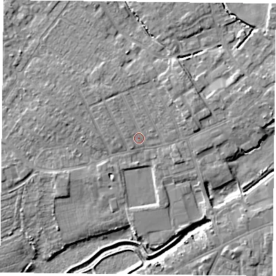 Shaded relief map of the ground around YO84GA, computed from Environment Agency LiDAR. The ground here sits at about 6 m above sea level and falls 5 m across the surrounding 800 m. Surface water reaching this point runs off ground lying to the north-north-west, 1.1 m higher.