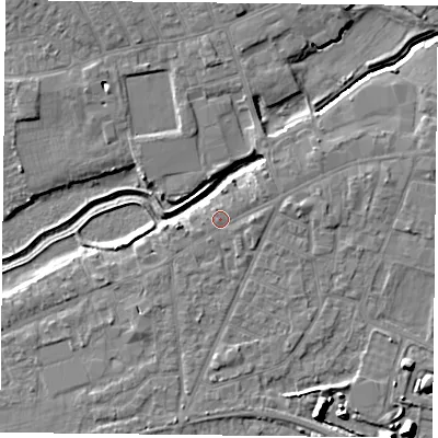 Shaded relief map of the ground around YO84HA, computed from Environment Agency LiDAR. The ground here sits at about 6 m above sea level and falls 9 m across the surrounding 800 m. Surface water reaching this point runs off ground lying to the east, 1.3 m higher.