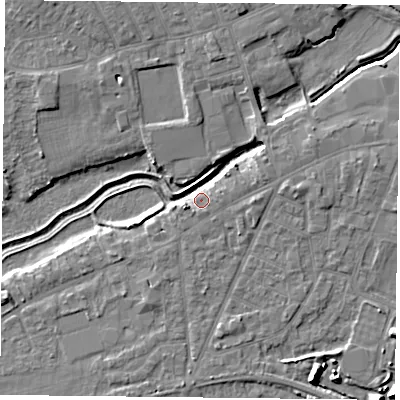 Shaded relief map of the ground around YO84HB, computed from Environment Agency LiDAR. The ground here sits at about 6 m above sea level and falls 9 m across the surrounding 800 m. Surface water reaching this point runs off ground lying to the north, 4.5 m higher.