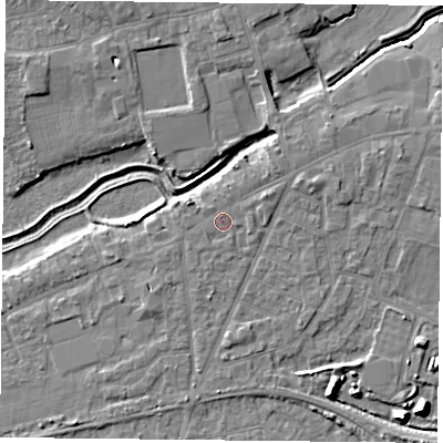 Shaded relief map of the ground around YO84HD, computed from Environment Agency LiDAR. The ground here sits at about 6 m above sea level and falls 9 m across the surrounding 800 m. Surface water reaching this point runs off ground lying to the east-north-east, 1.7 m higher.