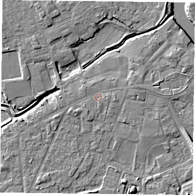 Shaded relief map of the ground around YO84HE, computed from Environment Agency LiDAR. The ground here sits at about 6 m above sea level and falls 9 m across the surrounding 800 m. Surface water reaching this point runs off ground lying to the east, 1.1 m higher.