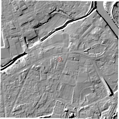 Shaded relief map of the ground around YO84HJ, computed from Environment Agency LiDAR. The ground here sits at about 6 m above sea level and falls 10 m across the surrounding 800 m. Surface water reaching this point runs off ground lying to the south-east, 0.7 m higher.