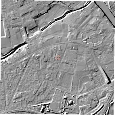 Shaded relief map of the ground around YO84HL, computed from Environment Agency LiDAR. The ground here sits at about 6 m above sea level and falls 10 m across the surrounding 800 m. Surface water reaching this point runs off ground lying to the north-north-east, 1.0 m higher.
