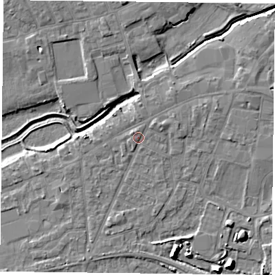 Shaded relief map of the ground around YO84HN, computed from Environment Agency LiDAR. The ground here sits at about 6 m above sea level and falls 9 m across the surrounding 800 m. Surface water reaching this point runs off ground lying to the north-east, 1.1 m higher.