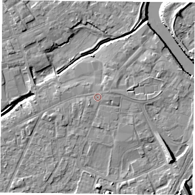 Shaded relief map of the ground around YO84HR, computed from Environment Agency LiDAR. The ground here sits at about 6 m above sea level and falls 10 m across the surrounding 800 m. Surface water reaching this point runs off ground lying to the east-north-east, 1.0 m higher.