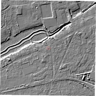 Shaded relief map of the ground around YO84HS, computed from Environment Agency LiDAR. The ground here sits at about 6 m above sea level and falls 8 m across the surrounding 800 m. The ground contributing surface water to this point lies to the east-south-east.