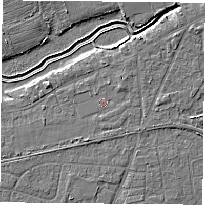 Shaded relief map of the ground around YO84HT, computed from Environment Agency LiDAR. The ground here sits at about 5 m above sea level and falls 6 m across the surrounding 800 m. Surface water reaching this point runs off ground lying to the north-east, 1.5 m higher.