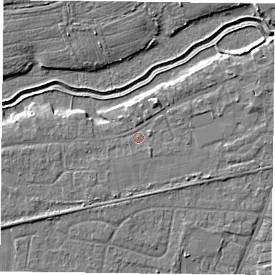Shaded relief map of the ground around YO84HU, computed from Environment Agency LiDAR. The ground here sits at about 5 m above sea level and falls 5 m across the surrounding 800 m. Surface water reaching this point runs off ground lying to the south-south-west, 2.1 m higher.