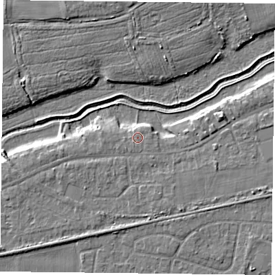 Shaded relief map of the ground around YO84HZ, computed from Environment Agency LiDAR. The ground here sits at about 5 m above sea level and falls 5 m across the surrounding 800 m. Surface water reaching this point runs off ground lying to the south-south-west, 0.6 m higher.