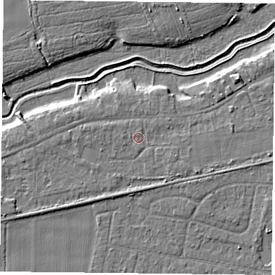 Shaded relief map of the ground around YO84JA, computed from Environment Agency LiDAR. The ground here sits at about 6 m above sea level and falls 5 m across the surrounding 800 m. Surface water reaching this point runs off ground lying to the south-south-east, 1.9 m higher.