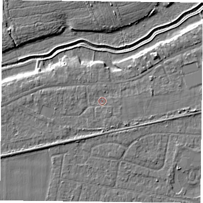 Shaded relief map of the ground around YO84JB, computed from Environment Agency LiDAR. The ground here sits at about 6 m above sea level and falls 5 m across the surrounding 800 m. Surface water reaching this point runs off ground lying to the south, 1.9 m higher.