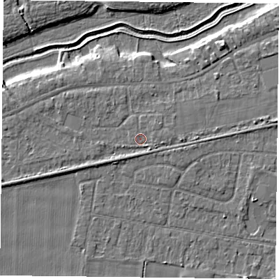 Shaded relief map of the ground around YO84JE, computed from Environment Agency LiDAR. The ground here sits at about 6 m above sea level and falls 5 m across the surrounding 800 m. Surface water reaching this point runs off ground lying to the east, 0.9 m higher.