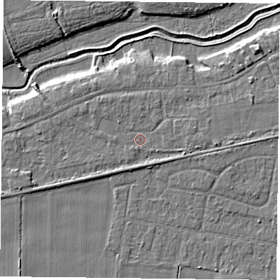 Shaded relief map of the ground around YO84JF, computed from Environment Agency LiDAR. The ground here sits at about 6 m above sea level and falls 5 m across the surrounding 800 m. Surface water reaching this point runs off ground lying to the west-south-west, 2.1 m higher.