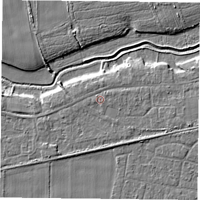 Shaded relief map of the ground around YO84JG, computed from Environment Agency LiDAR. The ground here sits at about 6 m above sea level and falls 5 m across the surrounding 800 m. Surface water reaching this point runs off ground lying to the west-south-west, 0.7 m higher.