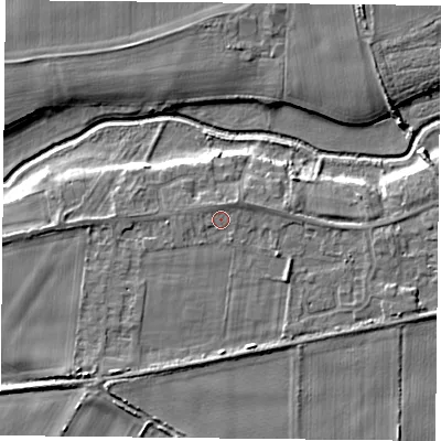 Shaded relief map of the ground around YO84JH, computed from Environment Agency LiDAR. The ground here sits at about 6 m above sea level and falls 6 m across the surrounding 800 m. Surface water reaching this point runs off ground lying to the north-north-east, 0.9 m higher.