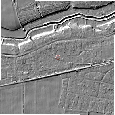 Shaded relief map of the ground around YO84JJ, computed from Environment Agency LiDAR. The ground here sits at about 6 m above sea level and falls 5 m across the surrounding 800 m. Surface water reaching this point runs off ground lying to the west-south-west, 2.1 m higher.
